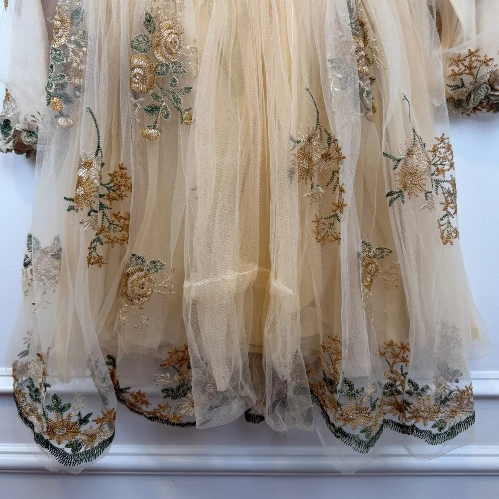 Girls Champagne Floral Embroidered Tulle Party‎ Dress Illusion Neckline Formal